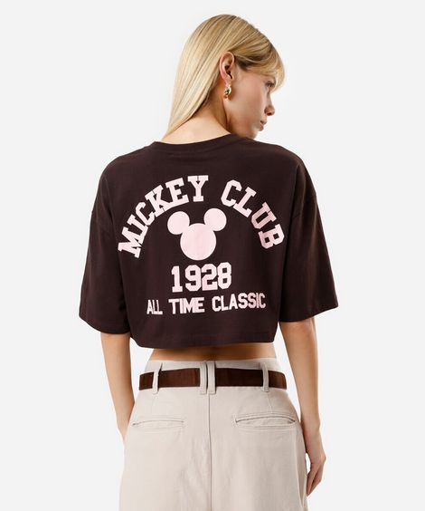 cropped feminino de algodão mickey marrom