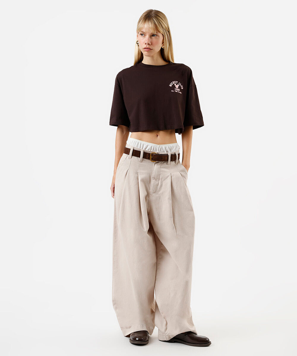 cropped feminino de algodão mickey marrom