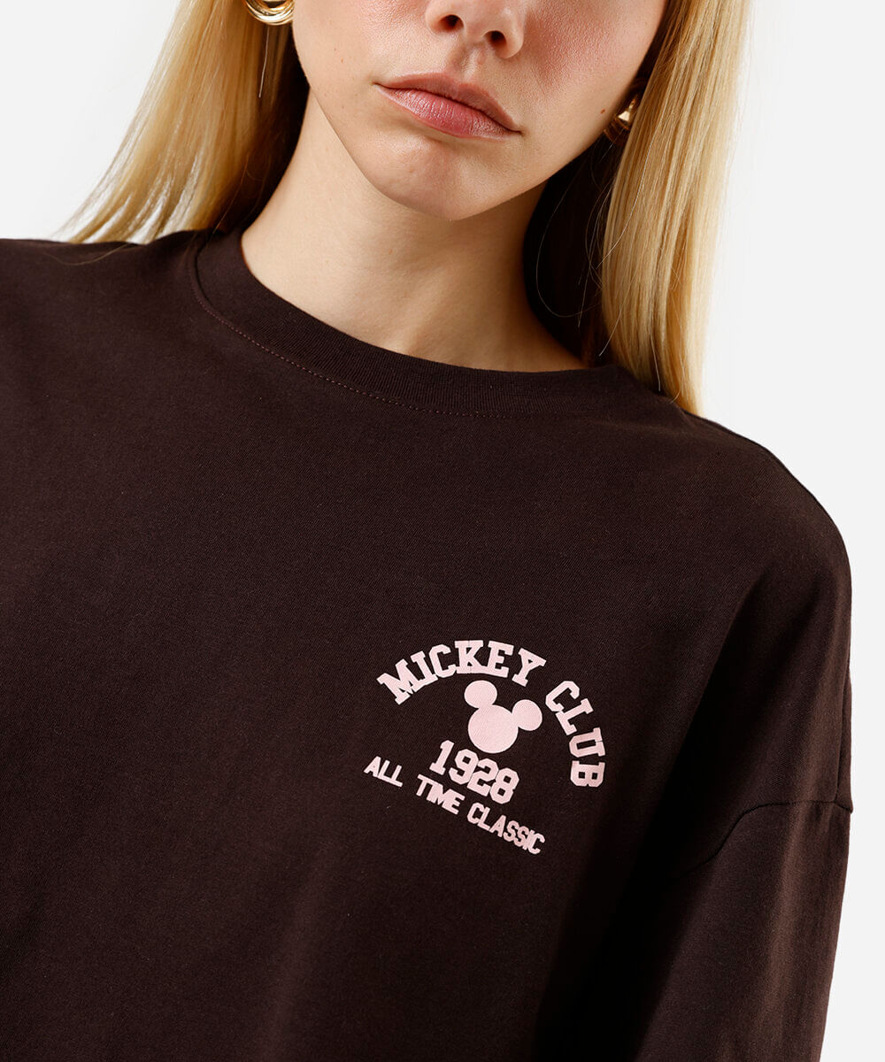 cropped feminino de algodão mickey marrom