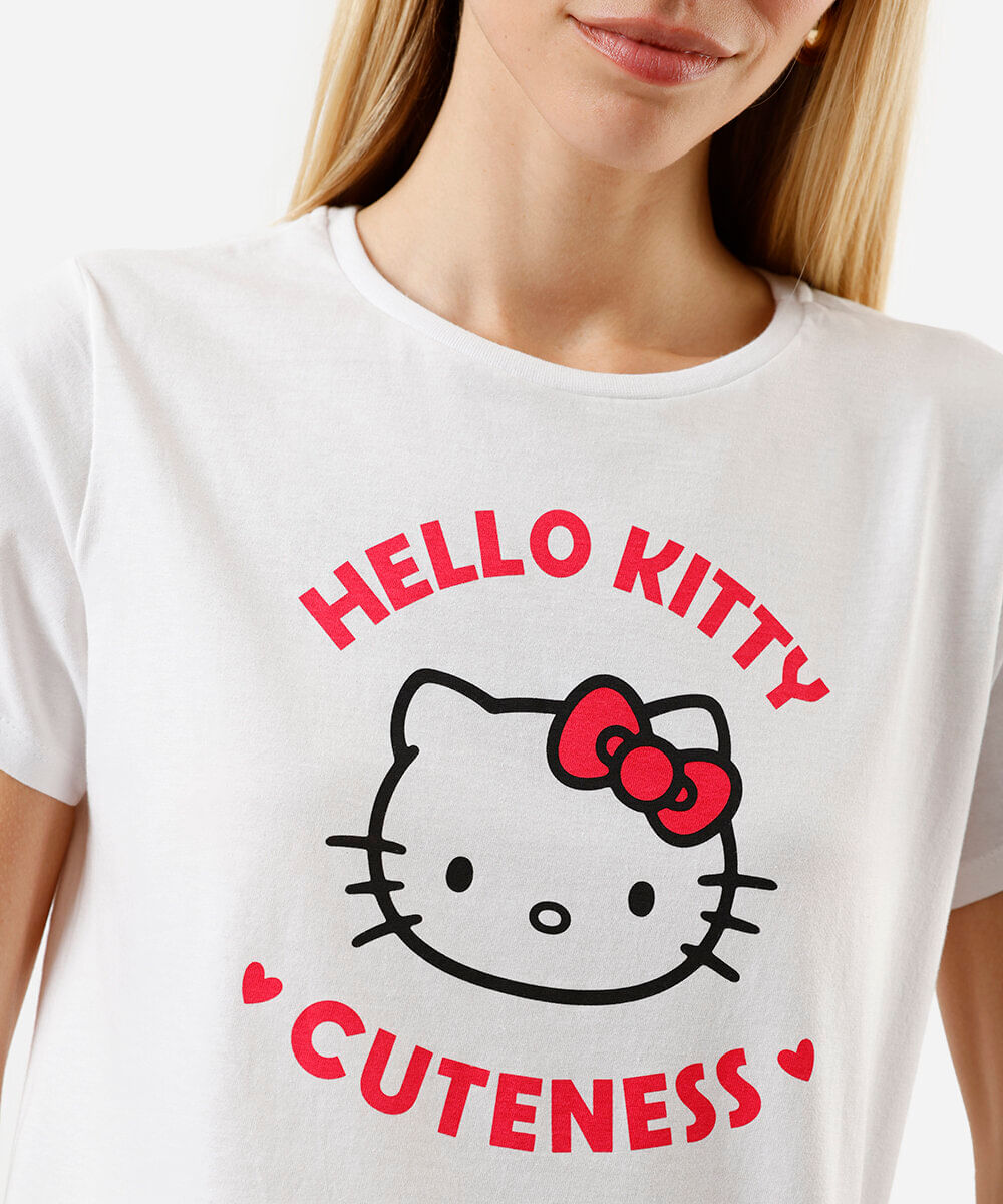 camiseta feminina de algodão hello kitty off white