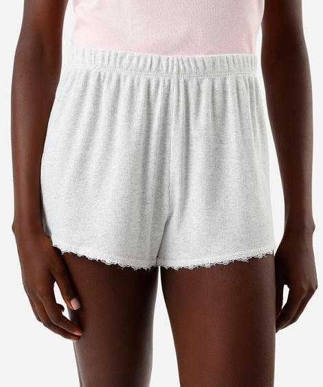 short de pijama feminino avulso com renda canelado cinza