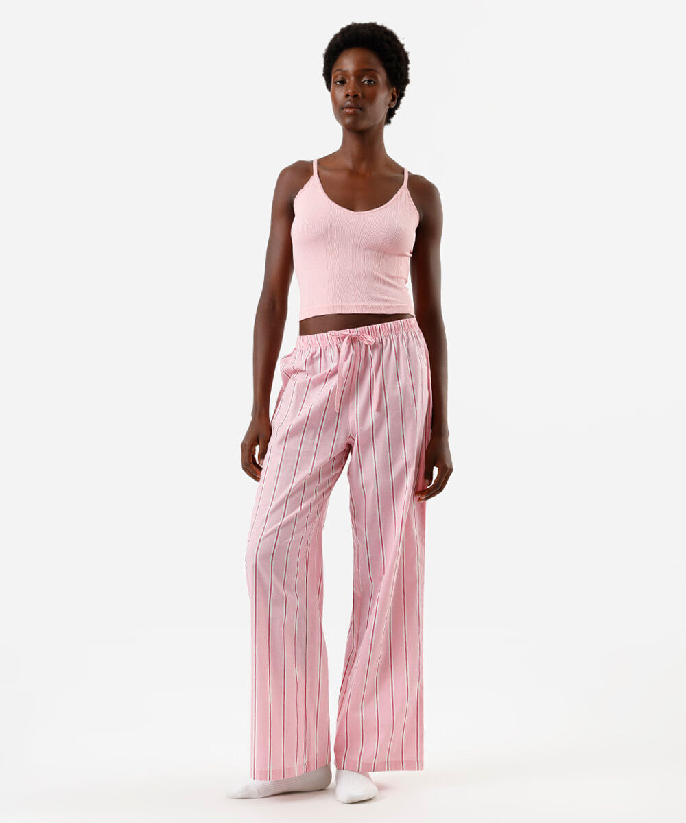 calça de pijama listrada rosa