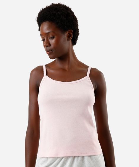 regata de pijama feminina com algodão alça fina canelada rosa