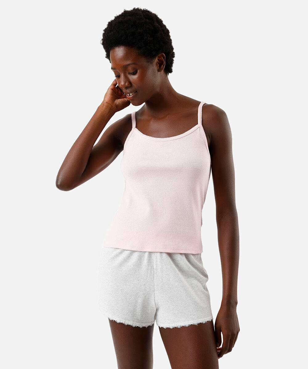 regata de pijama feminina com algodão alça fina canelada rosa