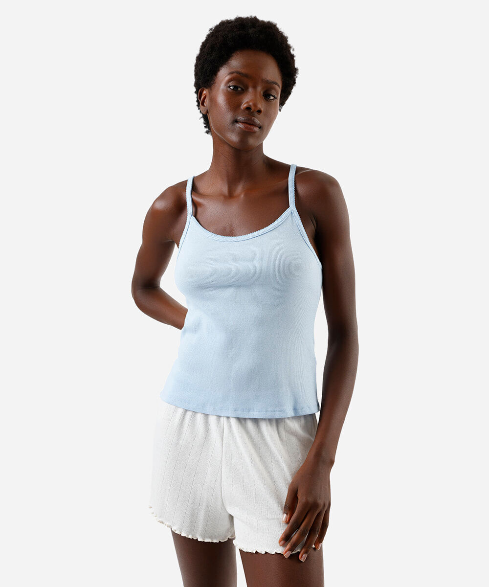 regata de pijama feminina com algodão alça fina canelada azul