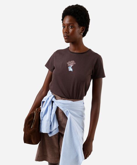 camiseta feminina de algodão stitch marrom