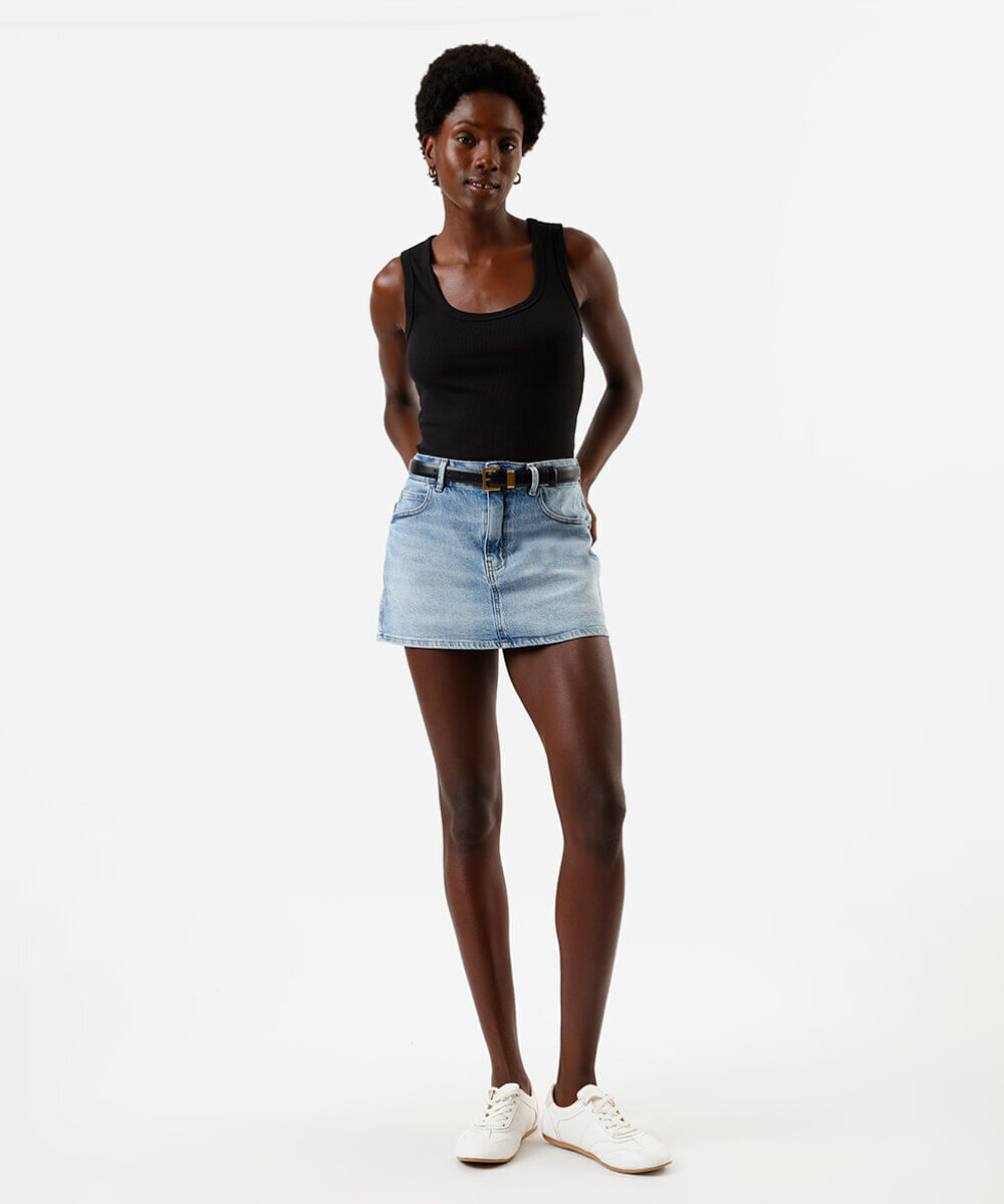 short saia feminino jeans cintura média azul