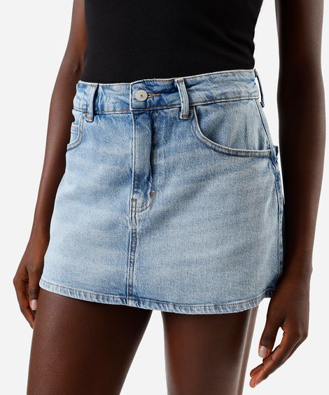 short saia feminino jeans cintura média azul