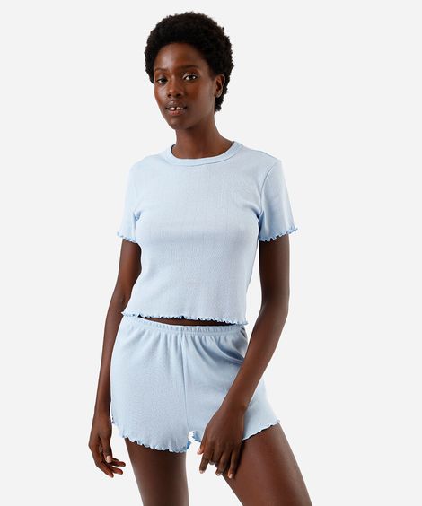 short de pijama feminino avulso com barra frufru azul