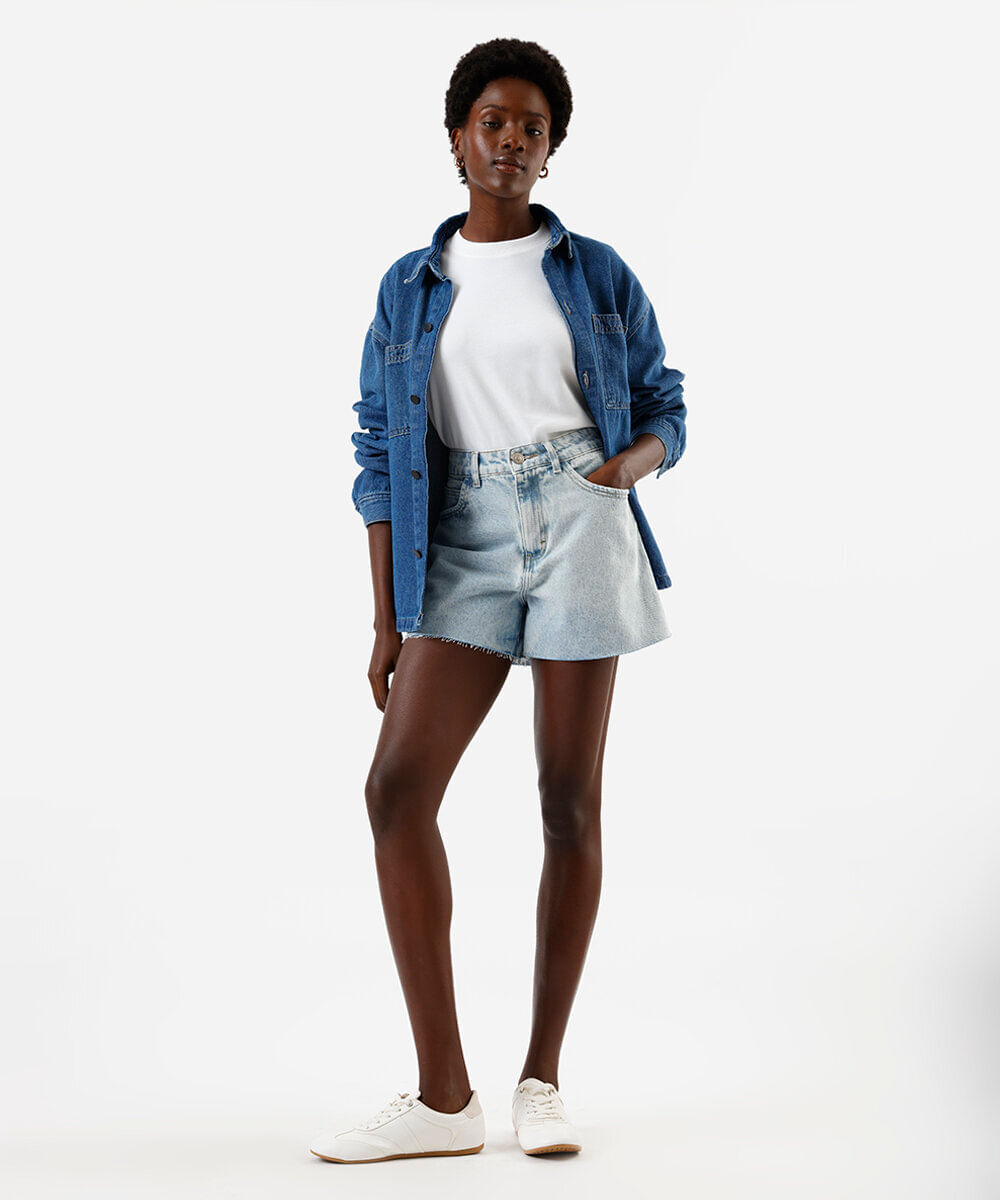 short evasê feminino jeans cintura média azul