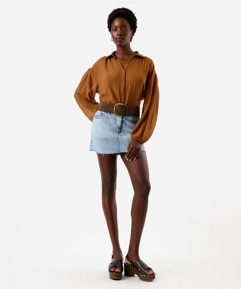 minissaia jeans cintura média barra desfiada azul