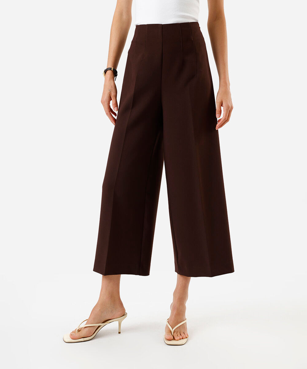 calça feminina alfaiataria wide cropped marrom