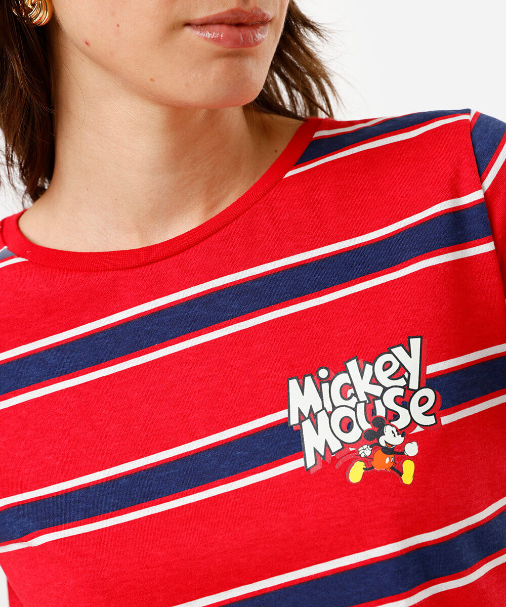 camiseta feminina listrada mickey vermelha