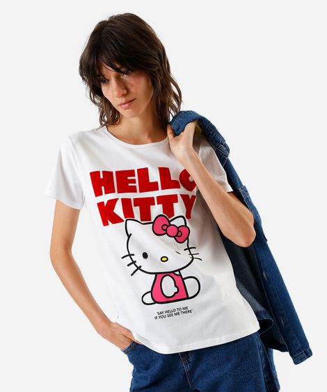 camiseta feminina hello kitty com escrita flocada off white