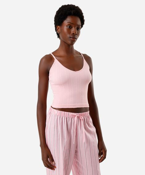 regata pijama feminino alças finas listra relevo rosa