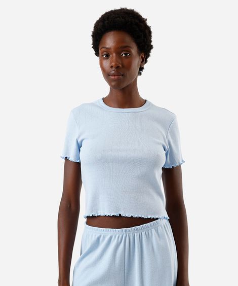 camiseta de pijama feminina avulsa canelada frufru azul