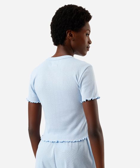 camiseta de pijama feminina avulsa canelada frufru azul