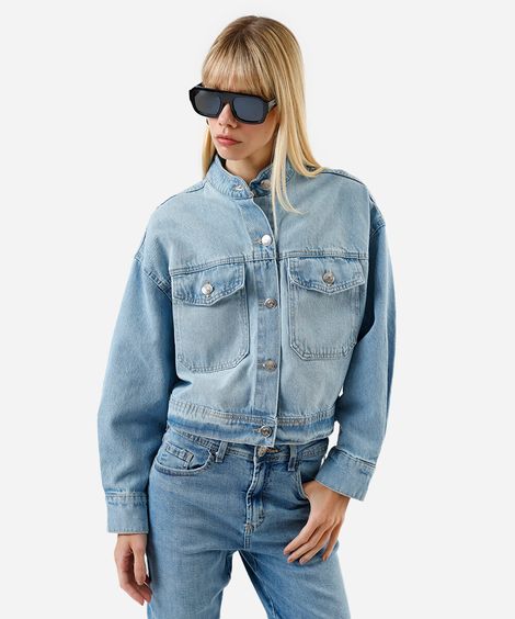 jaqueta jeans com pregas azul