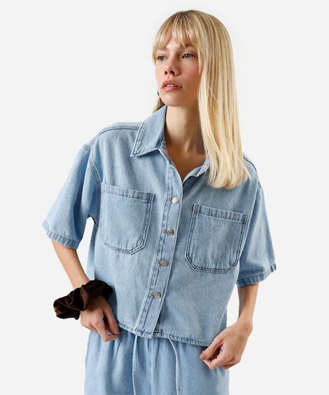 camisa feminina jeans box manga curta azul