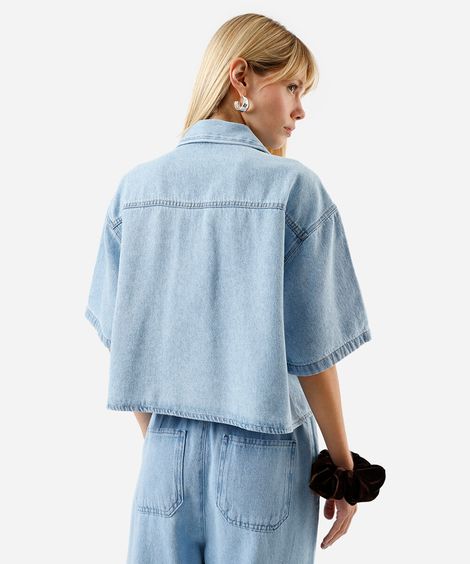 camisa feminina jeans box manga curta azul