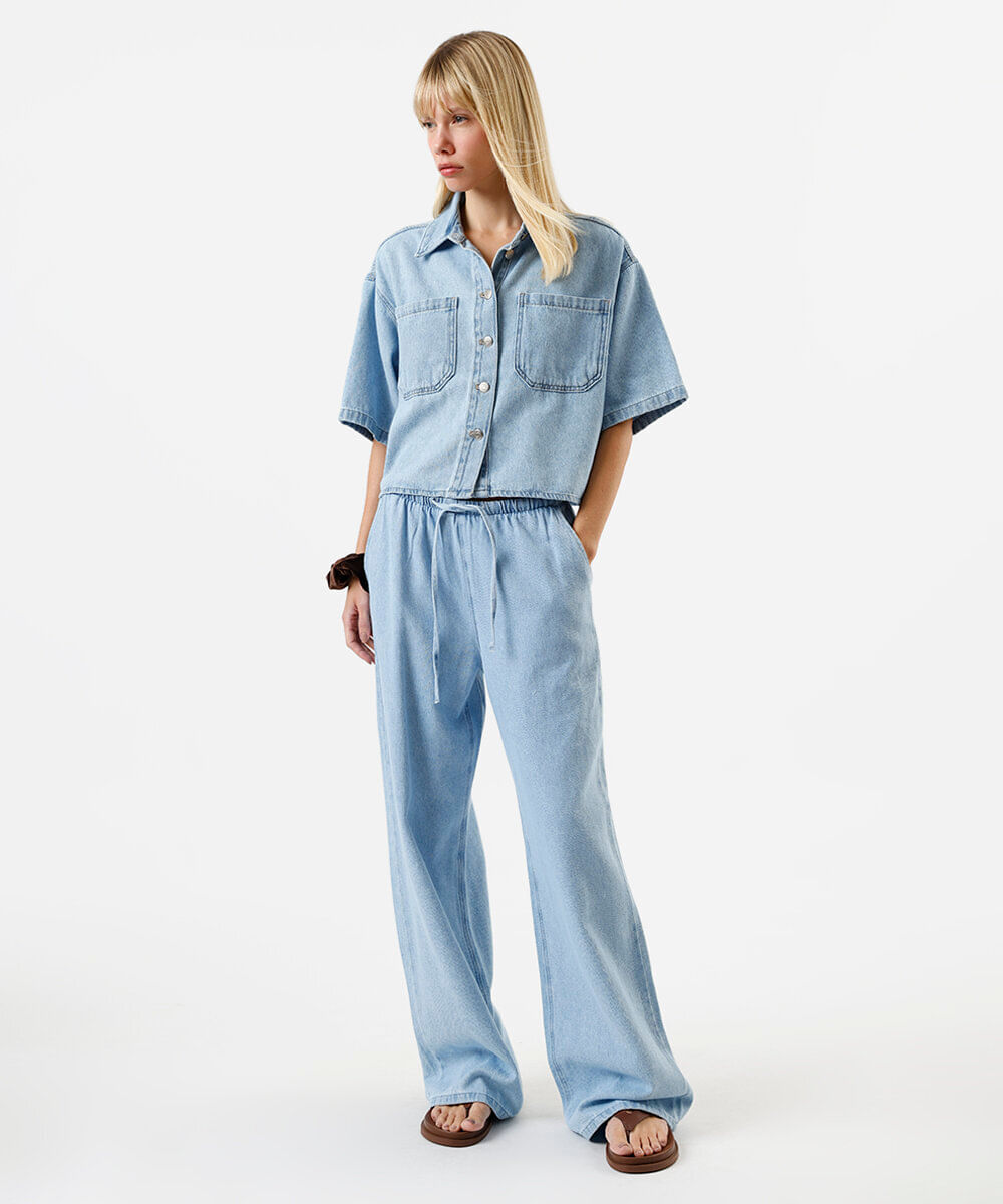 camisa feminina jeans box manga curta azul