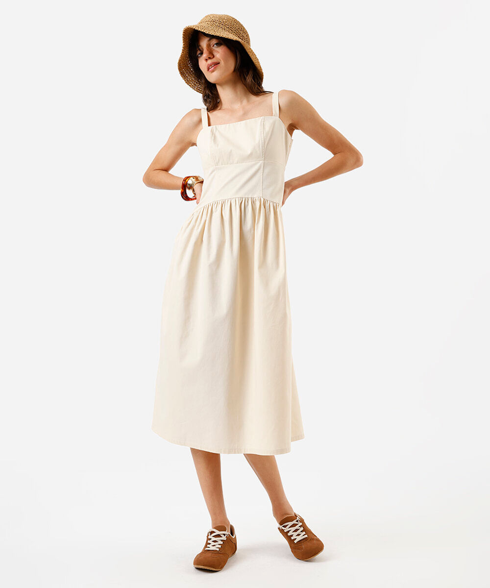 vestido feminino midi em sarja recortes amarelo