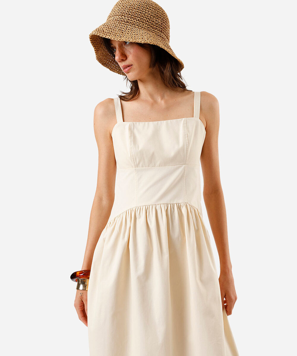 vestido feminino midi em sarja recortes amarelo