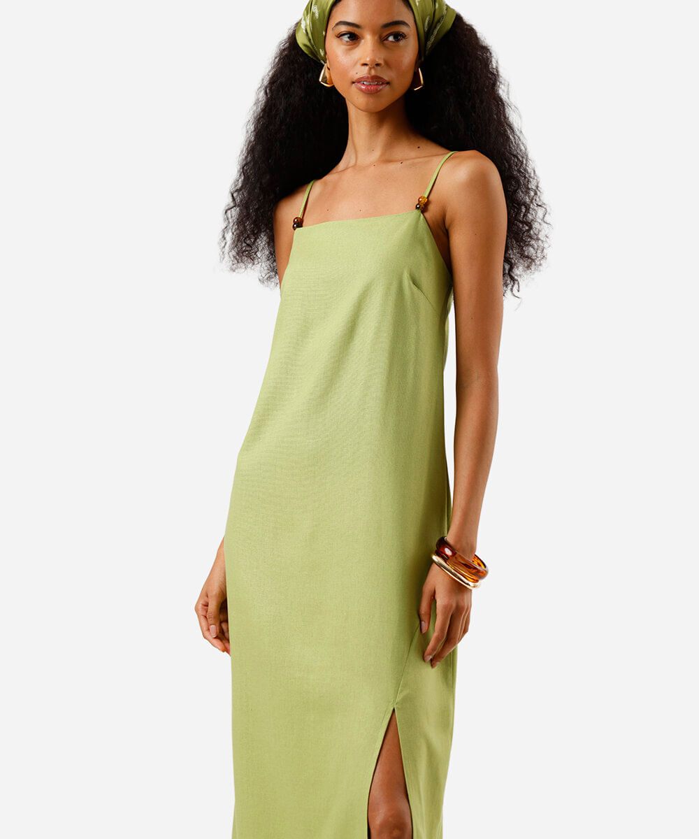 vestido midi feminino com linho verde