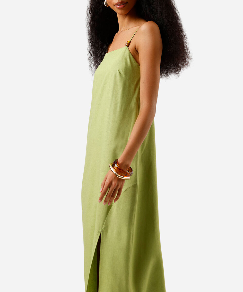 vestido midi feminino com linho verde