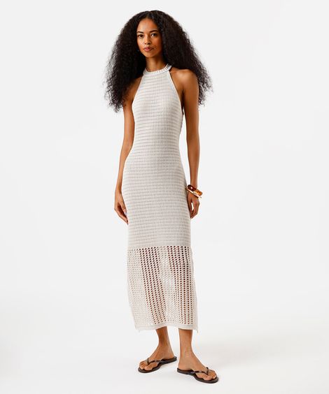 vestido midi feminino de tricot halterneck bege