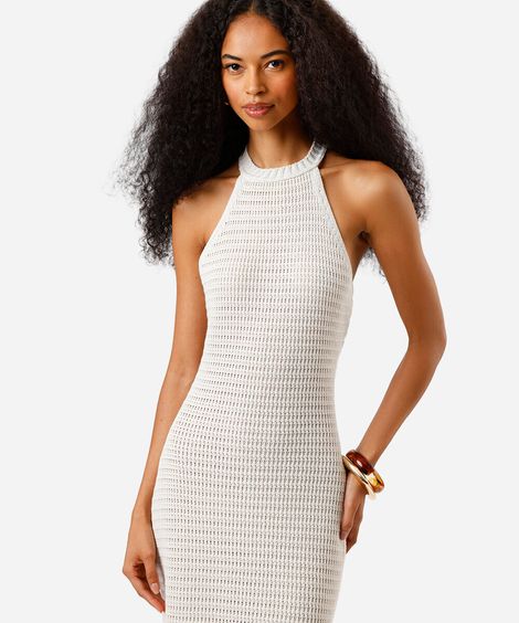 vestido midi feminino de tricot halterneck bege