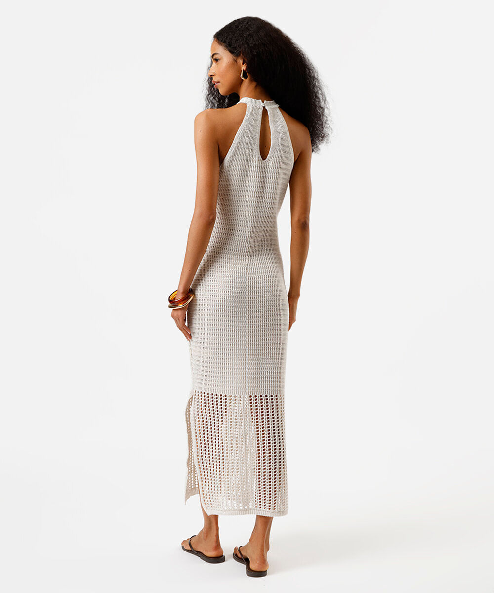 vestido midi feminino de tricot halterneck bege