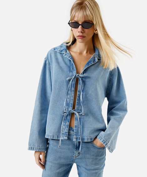 jaqueta feminina jeans laços azul