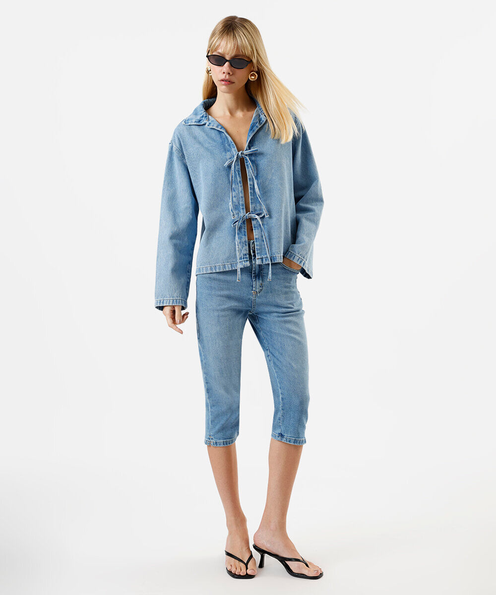 jaqueta feminina jeans laços azul