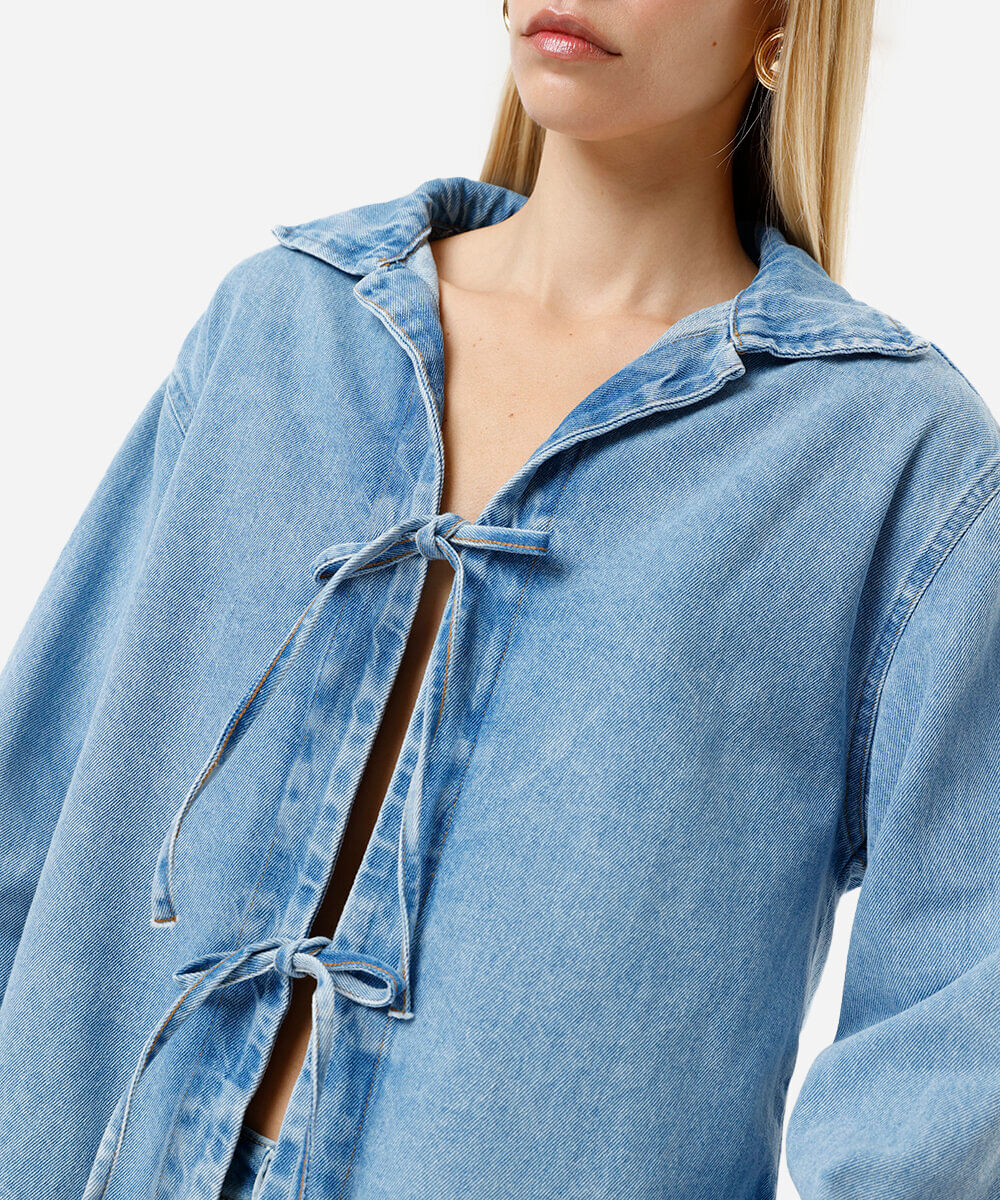 jaqueta feminina jeans laços azul