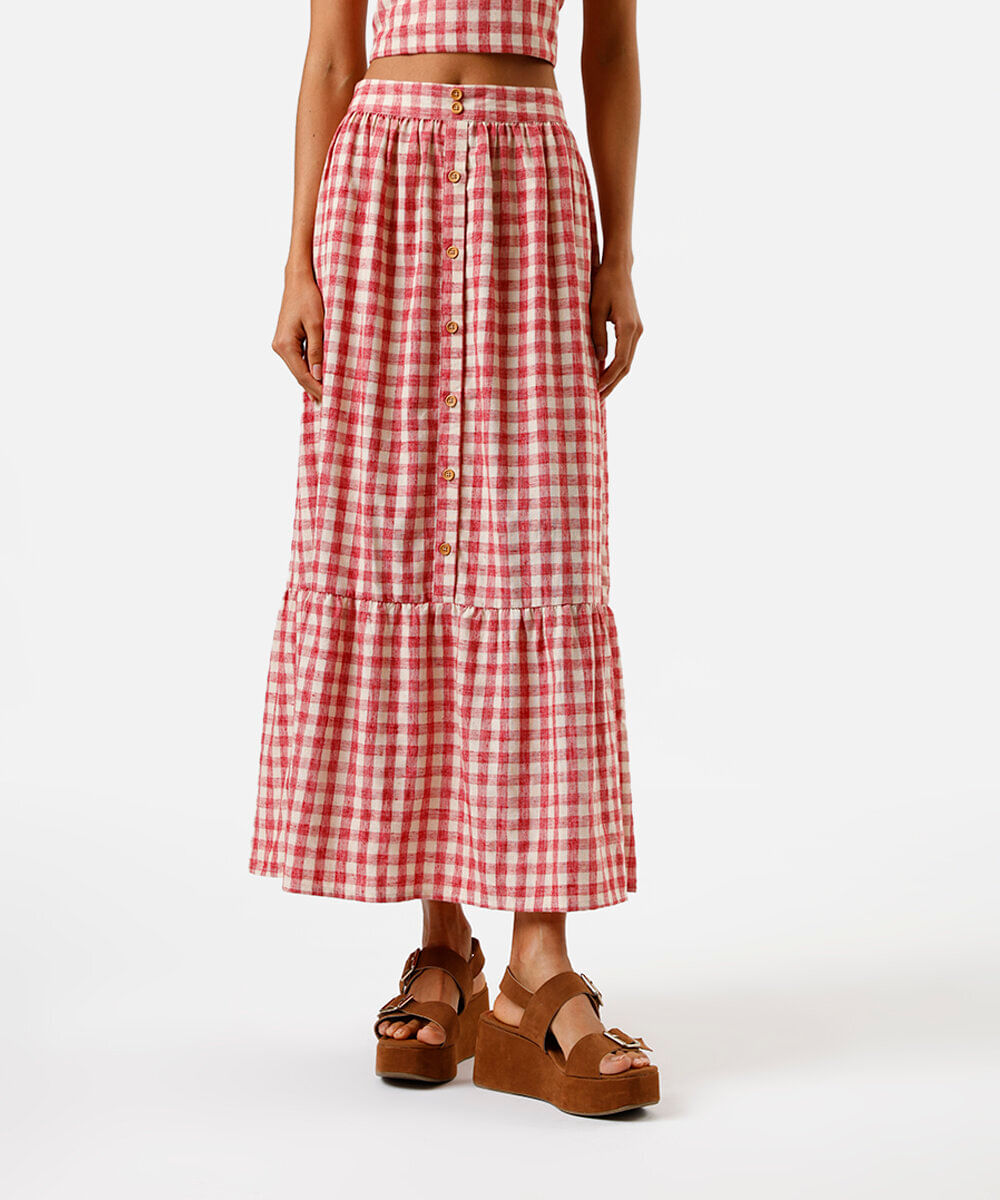 saia midi feminina com linho e recorte xadrez vermelha