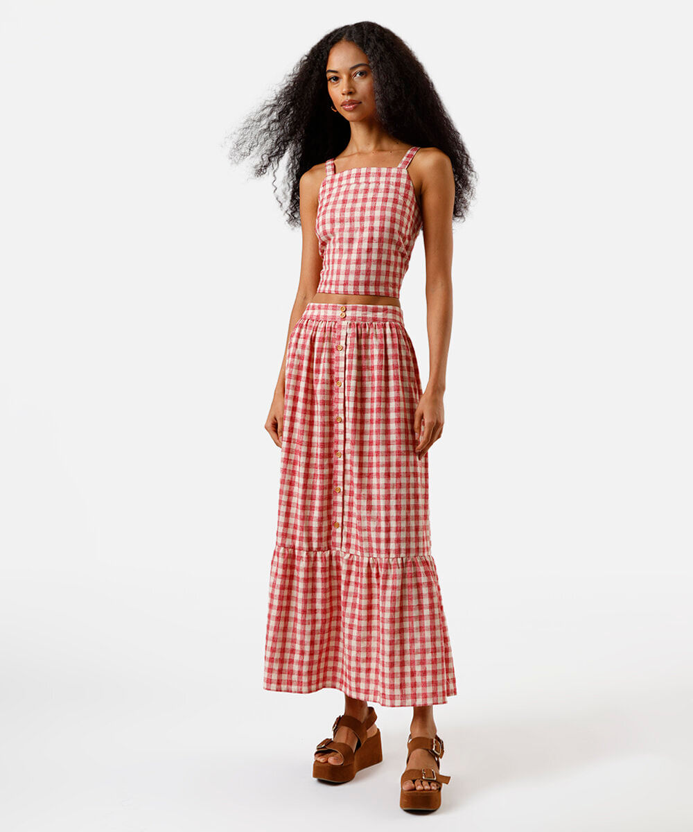 saia midi feminina com linho e recorte xadrez vermelha