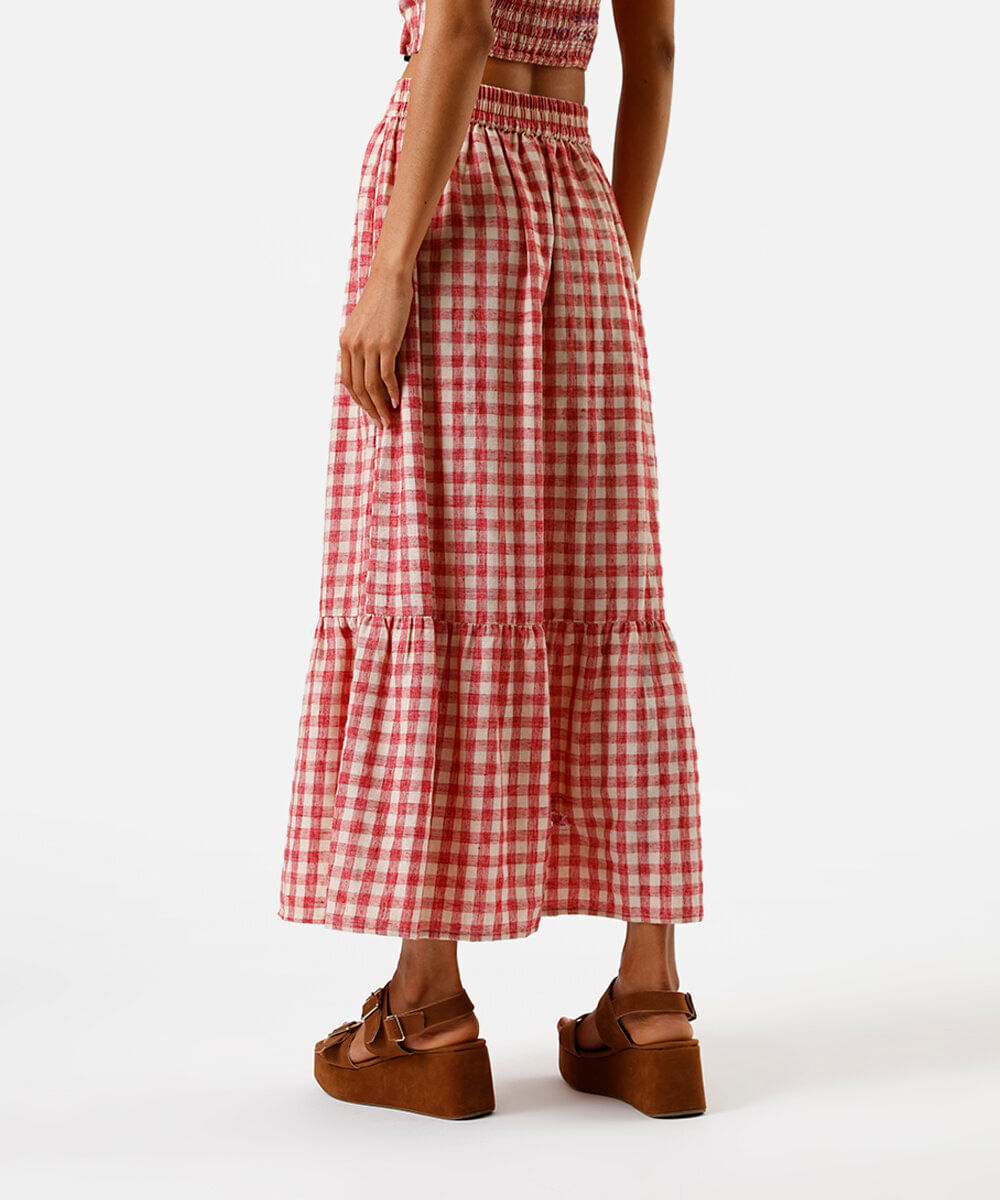 saia midi feminina com linho e recorte xadrez vermelha