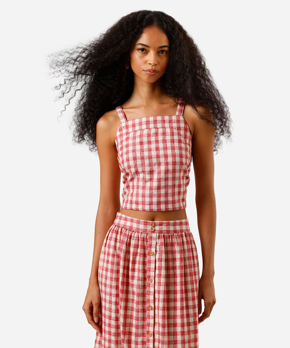 cropped alça fina feminino com linho xadrez vermelho