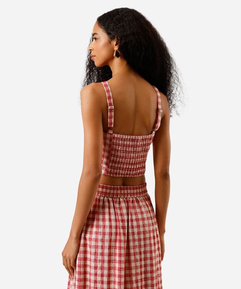 cropped alça fina feminino com linho xadrez vermelho