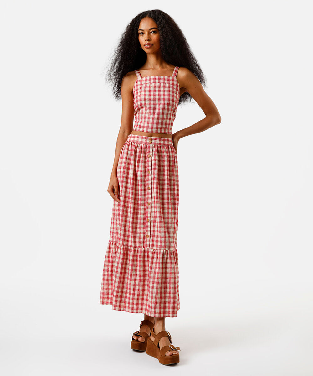 cropped alça fina feminino com linho xadrez vermelho