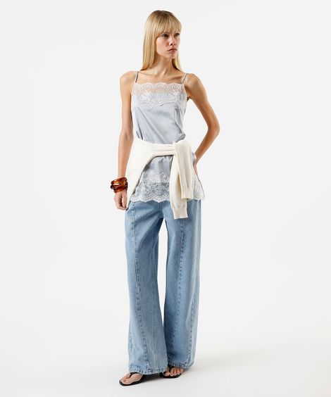 calça feminina jeans oversized cintura média recortes azul