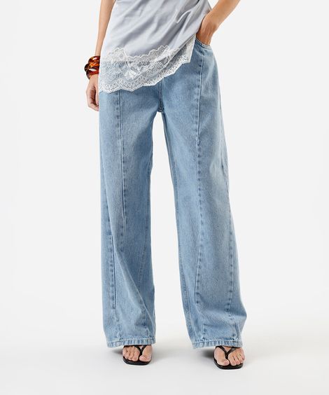 calça feminina jeans oversized cintura média recortes azul