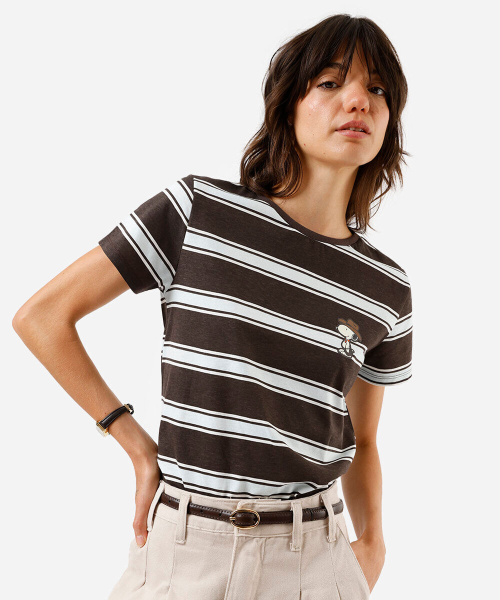 camiseta feminina listrada snoopy marrom