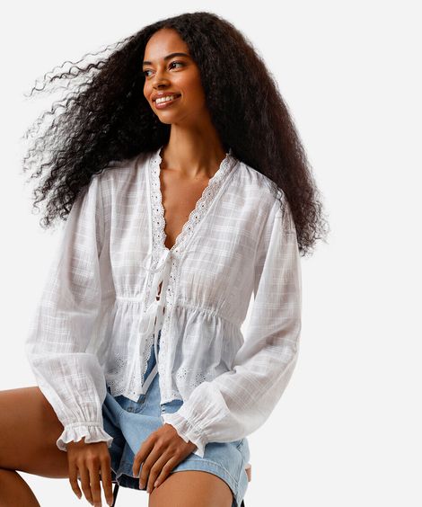 bata feminina de algodão com amarração bordada xadrez off white