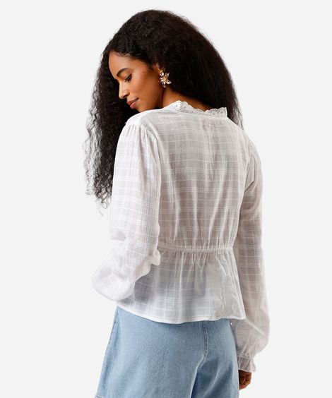 bata feminina de algodão com amarração bordada xadrez off white