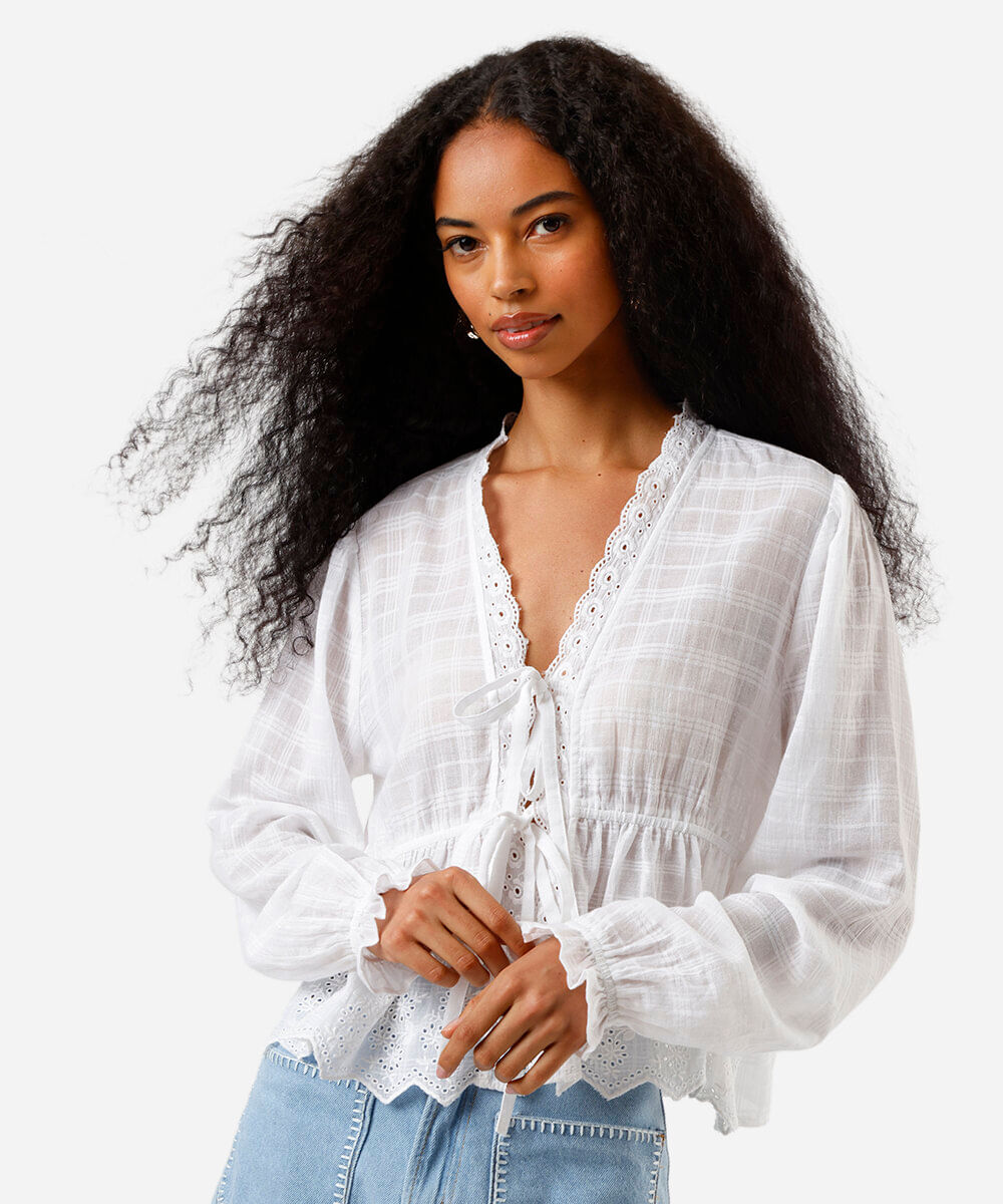 bata feminina de algodão com amarração bordada xadrez off white