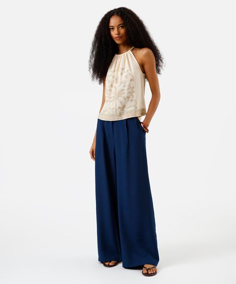 calça wide leg feminina de viscose texturizada azul