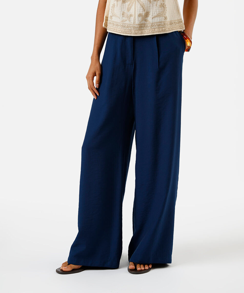 calça wide leg feminina de viscose texturizada azul