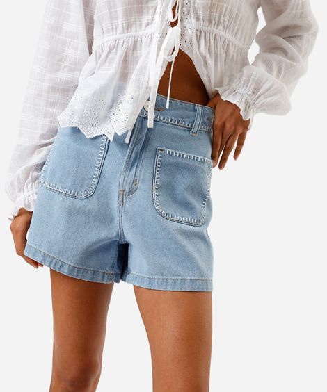 short jeans evasê cintura super alta azul